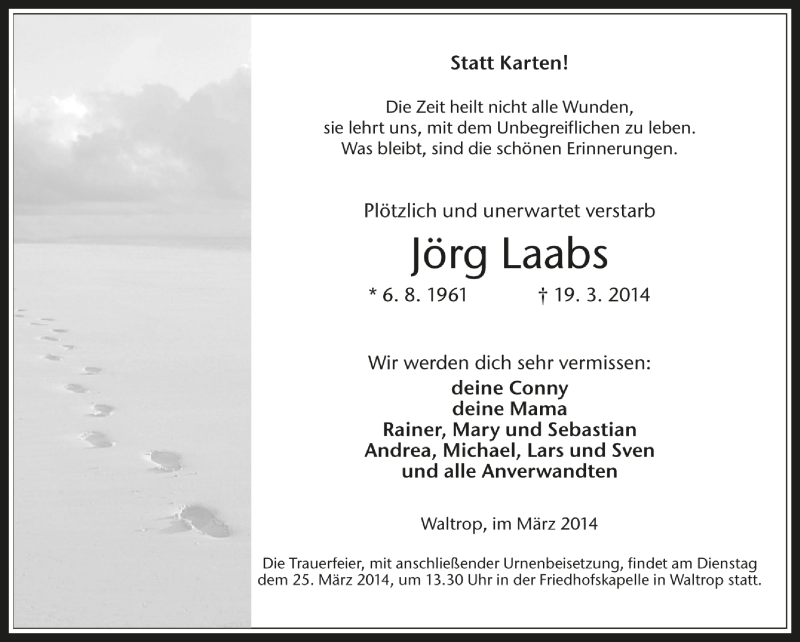  Traueranzeige für Jörg Laabs vom 22.03.2014 aus Medienhaus Bauer