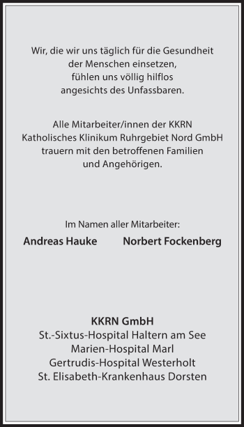 Traueranzeige von Gedenken Katholisches Klinikum Ruhrgebiet Nord GmbH von Medienhaus Bauer