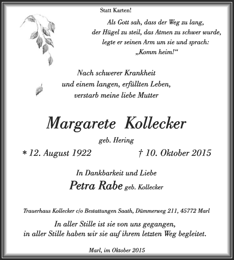  Traueranzeige für Margarete Kollecker vom 17.10.2015 aus Medienhaus Bauer