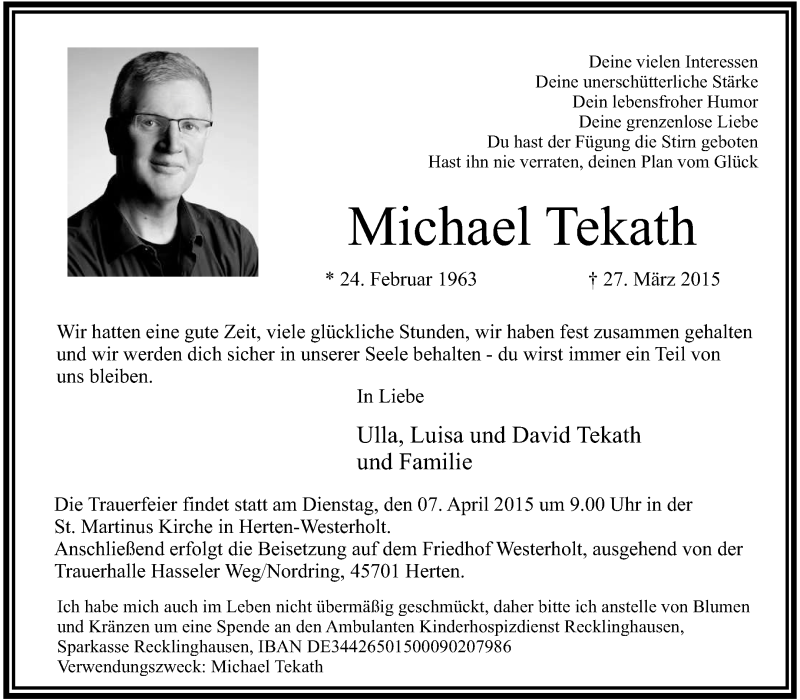  Traueranzeige für Michael Tekath vom 31.03.2015 aus Medienhaus Bauer