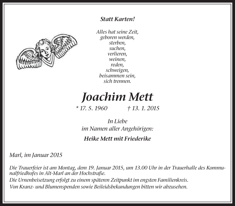  Traueranzeige für Joachim Mett vom 15.01.2015 aus Medienhaus Bauer