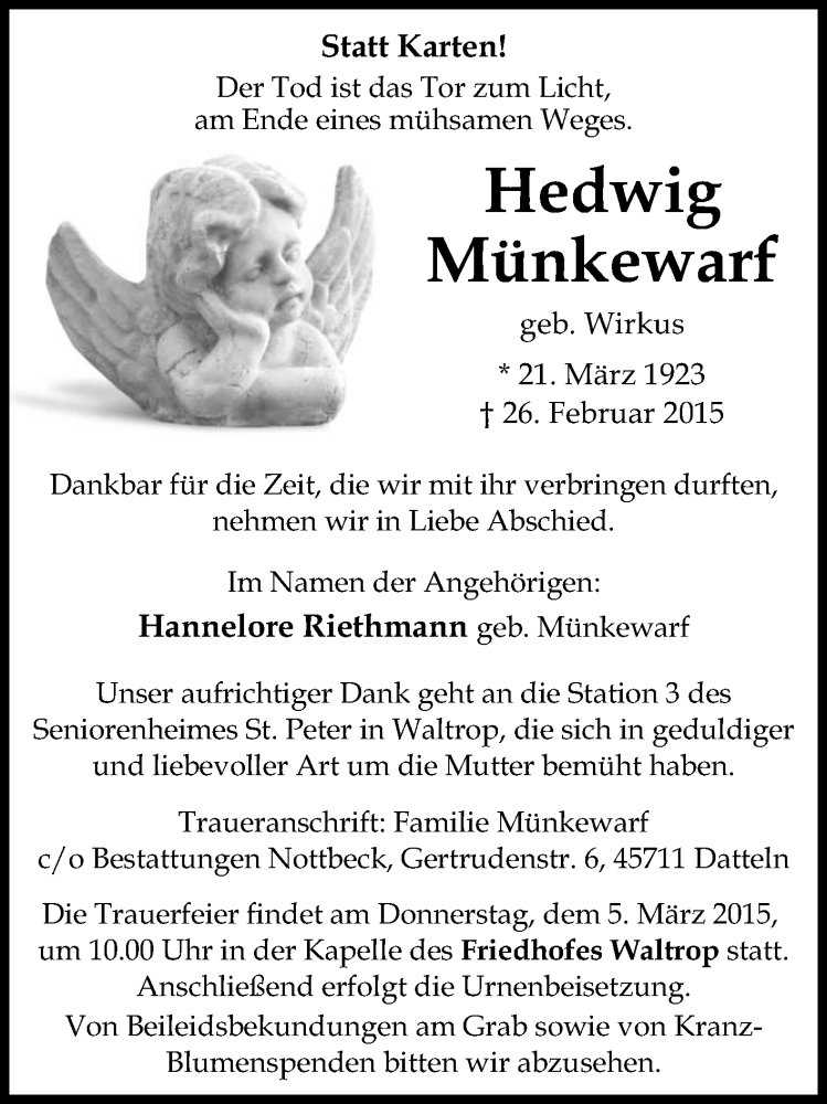  Traueranzeige für Hedwig Münkewarf vom 03.03.2015 aus Medienhaus Bauer