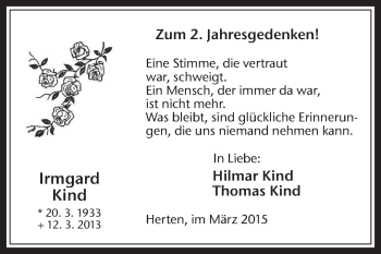 Traueranzeige von Irmgard Kind von Medienhaus Bauer