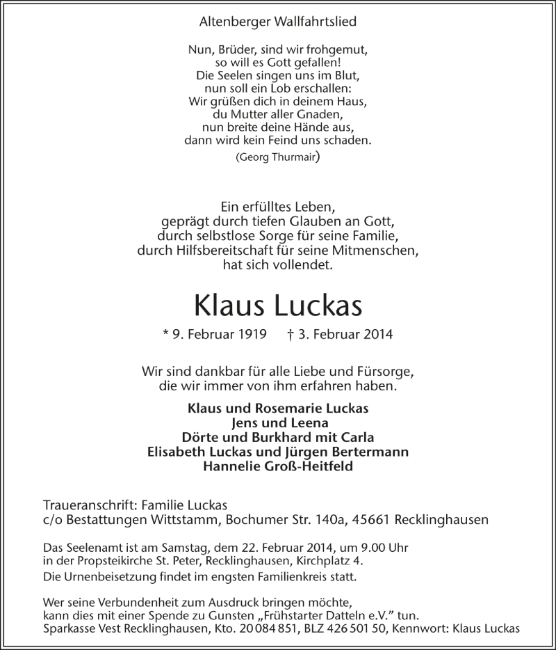  Traueranzeige für Klaus Luckas vom 15.02.2014 aus Medienhaus Bauer
