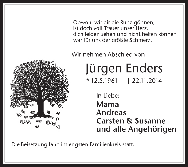  Traueranzeige für Jürgen Enders vom 10.01.2015 aus Medienhaus Bauer
