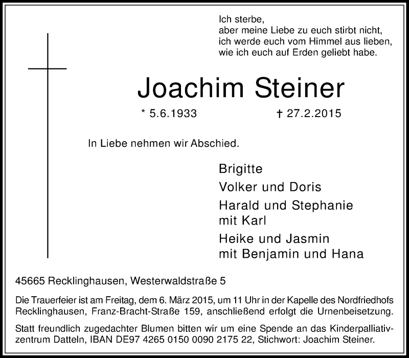  Traueranzeige für Joachim Steiner vom 02.03.2015 aus Medienhaus Bauer