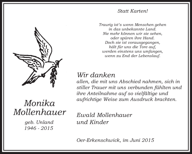  Traueranzeige für Monika Mollenhauer vom 20.06.2015 aus Medienhaus Bauer