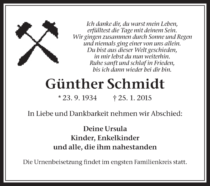  Traueranzeige für Günther Schmidt vom 31.01.2015 aus Medienhaus Bauer