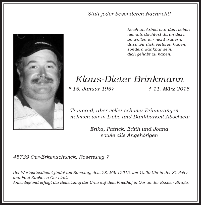  Traueranzeige für Klaus-Dieter Brinkmann vom 21.03.2015 aus Medienhaus Bauer