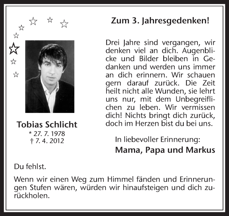  Traueranzeige für Tobias Schlicht vom 07.04.2015 aus Medienhaus Bauer