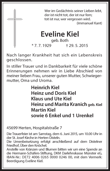 Traueranzeige von Eveline Kiel von Medienhaus Bauer