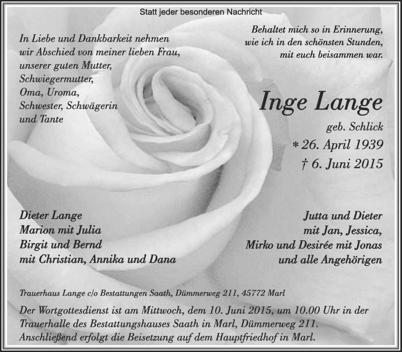  Traueranzeige für Inge Lange vom 09.06.2015 aus Medienhaus Bauer