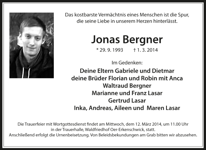  Traueranzeige für Jonas Bergner vom 11.03.2014 aus Medienhaus Bauer