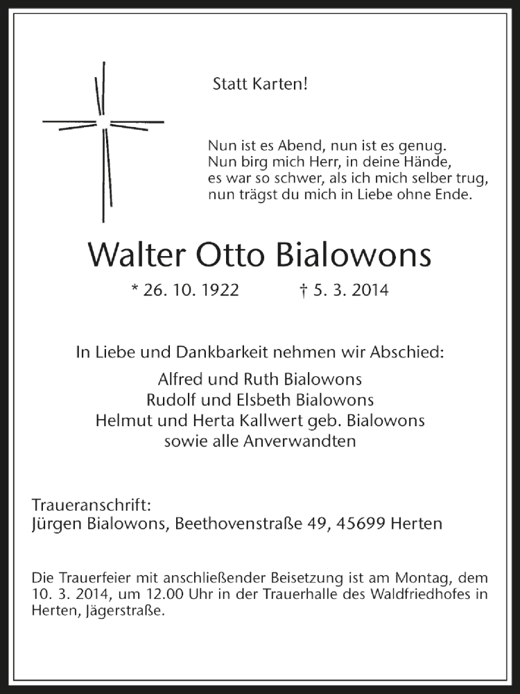  Traueranzeige für Walter Otto Bialowons vom 10.03.2014 aus Medienhaus Bauer