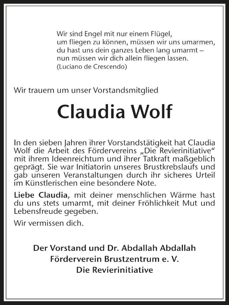  Traueranzeige für Claudia Wolf vom 12.02.2014 aus Medienhaus Bauer