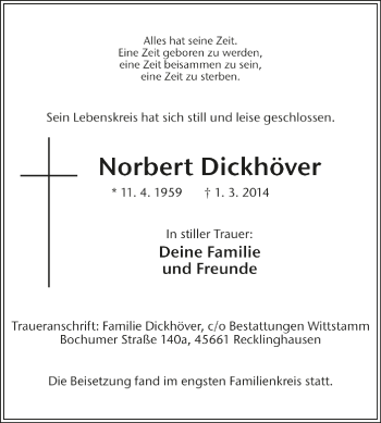 Traueranzeige von Norbert Dickhöver von Medienhaus Bauer