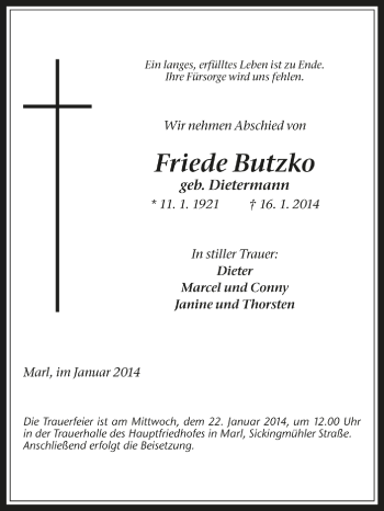 Traueranzeige von Friede Butzko von Medienhaus Bauer