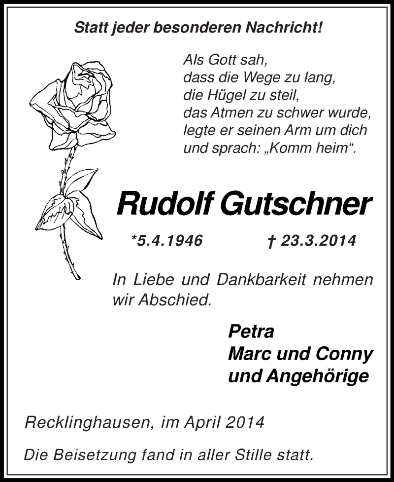  Traueranzeige für Rudolf Gutschner vom 09.04.2014 aus Medienhaus Bauer