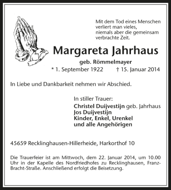 Traueranzeige von Margareta Jahrhaus von Medienhaus Bauer