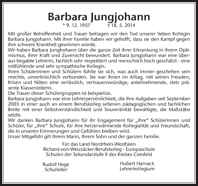  Traueranzeige für Barbara Jungjohann vom 31.05.2014 aus Medienhaus Bauer