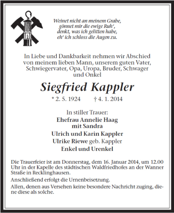 Traueranzeige von Siegfried Kappler von Medienhaus Bauer