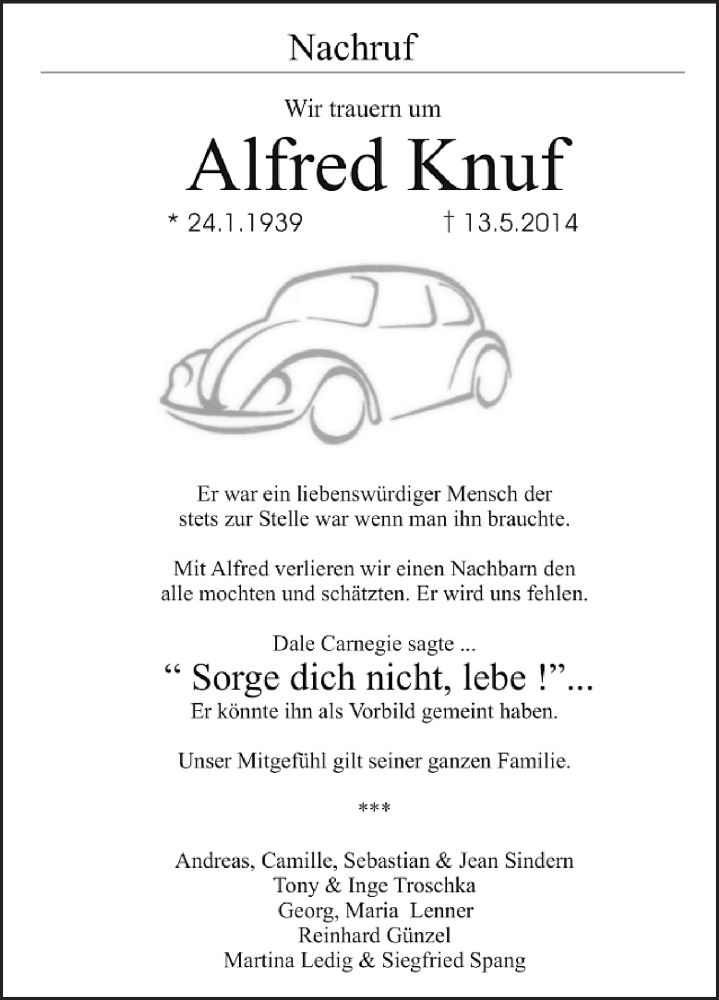 Traueranzeige für Alfred Knuf vom 17.05.2014 aus Medienhaus Bauer
