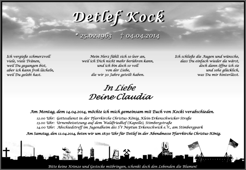  Traueranzeige für Detlef Kock vom 10.04.2014 aus Medienhaus Bauer