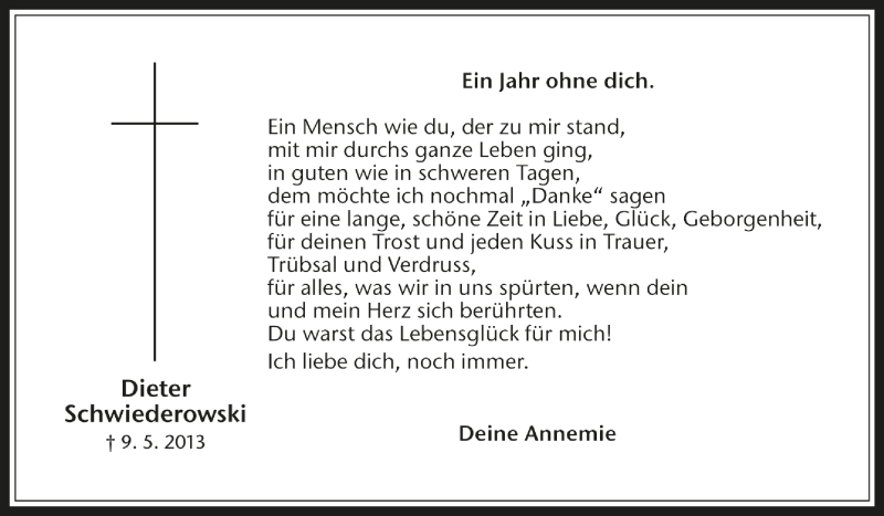  Traueranzeige für Dieter Schwiederowski vom 09.05.2014 aus Medienhaus Bauer