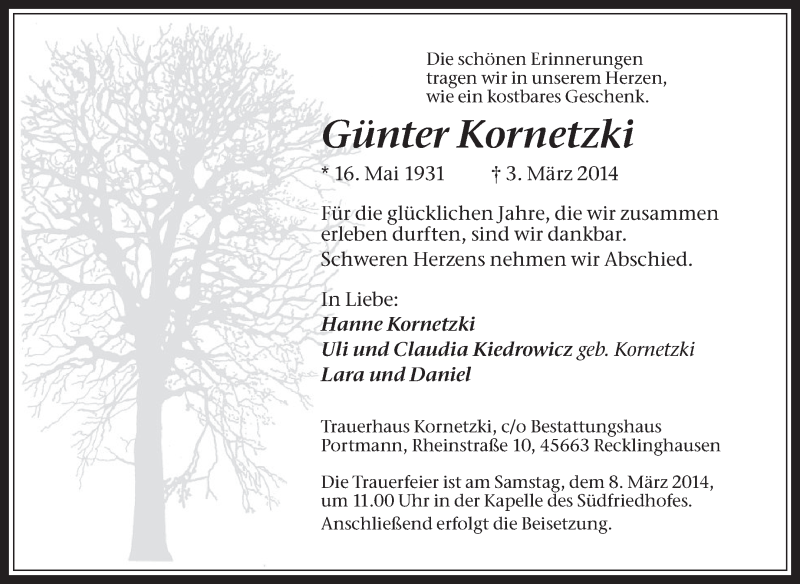  Traueranzeige für Günter Kornetzki vom 05.03.2014 aus Medienhaus Bauer