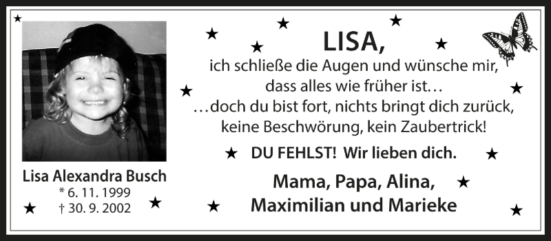 Traueranzeige für Lisa Alexandra Busch vom 30.09.2014 aus Medienhaus Bauer