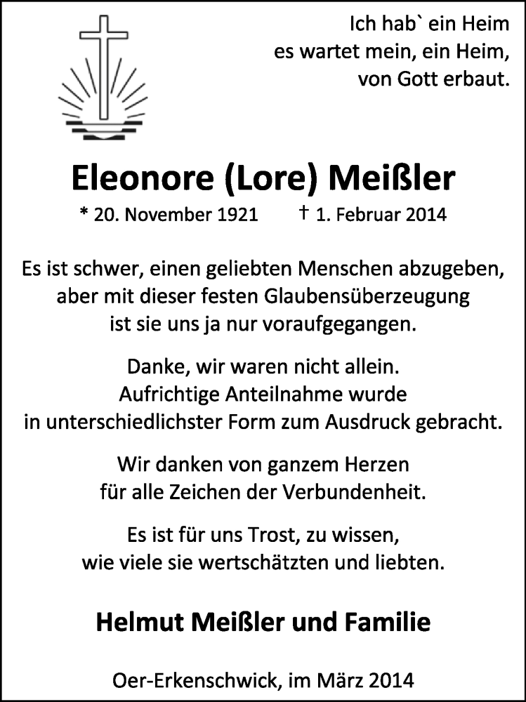  Traueranzeige für Eleonore Meißler vom 15.03.2014 aus Medienhaus Bauer