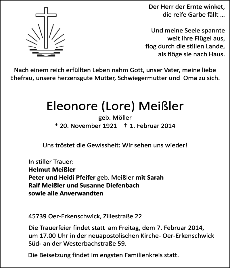  Traueranzeige für Eleonore Meißler vom 04.02.2014 aus Medienhaus Bauer