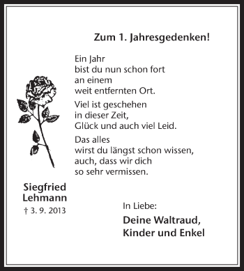 Traueranzeige von Siegfried Lehmann von Medienhaus Bauer