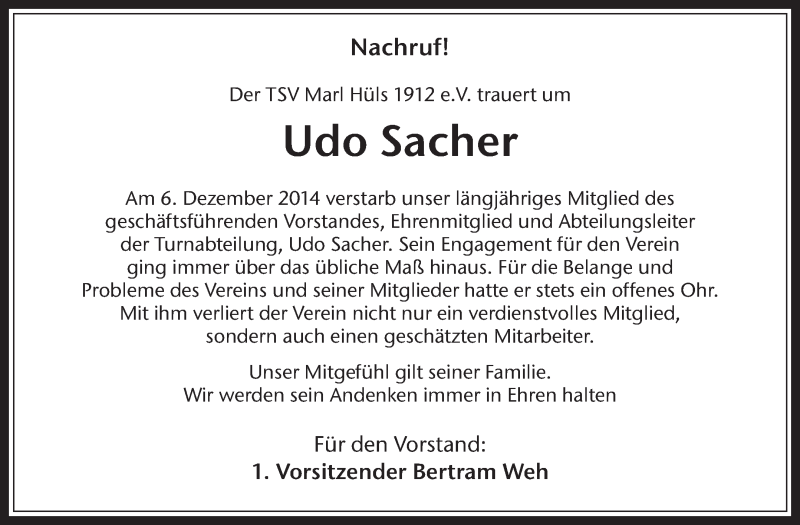  Traueranzeige für Udo Sacher vom 10.12.2014 aus Medienhaus Bauer