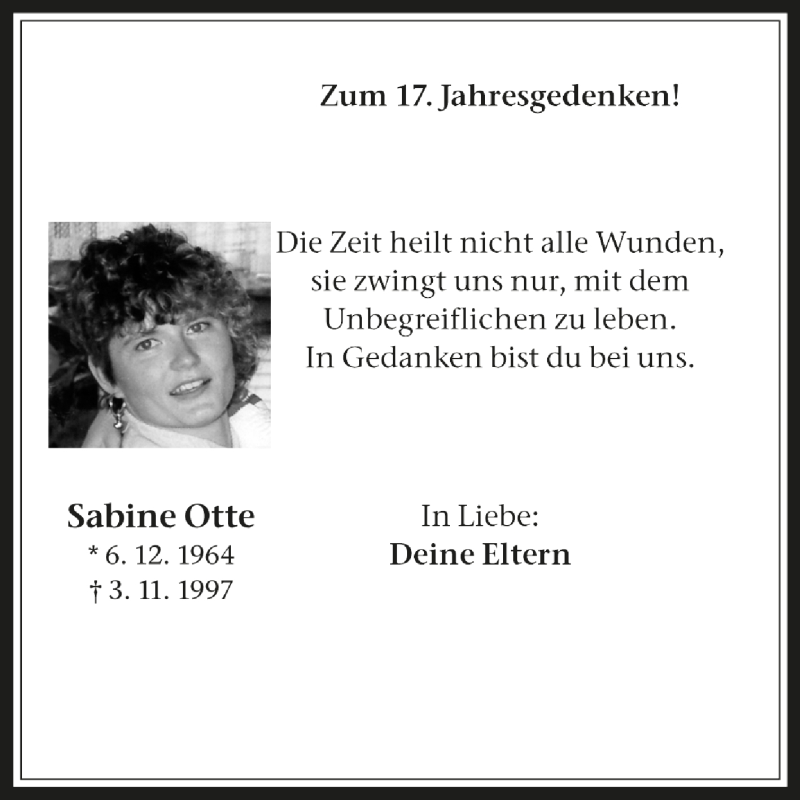  Traueranzeige für Sabine Otte vom 03.11.2014 aus Medienhaus Bauer