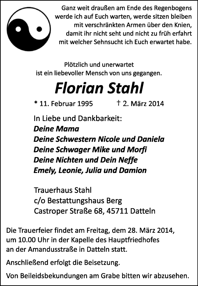  Traueranzeige für Florian Stahl vom 26.03.2014 aus Medienhaus Bauer