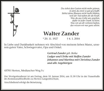 Traueranzeige von Walter Zander von Medienhaus Bauer