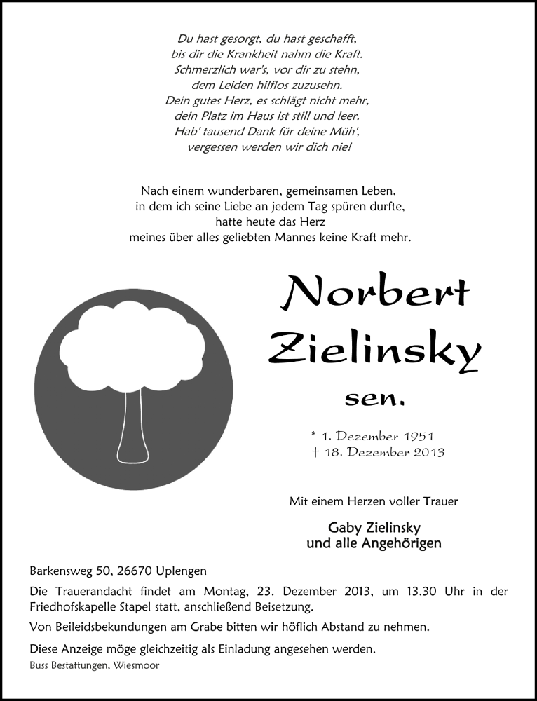  Traueranzeige für Norbert Zielinsky vom 21.12.2013 aus Medienhaus Bauer