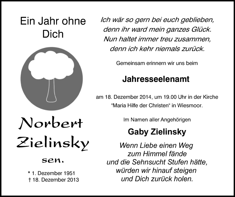  Traueranzeige für Norbert Zielinsky vom 09.12.2014 aus Medienhaus Bauer
