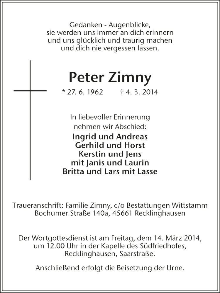  Traueranzeige für Peter Zimny vom 10.03.2014 aus Medienhaus Bauer