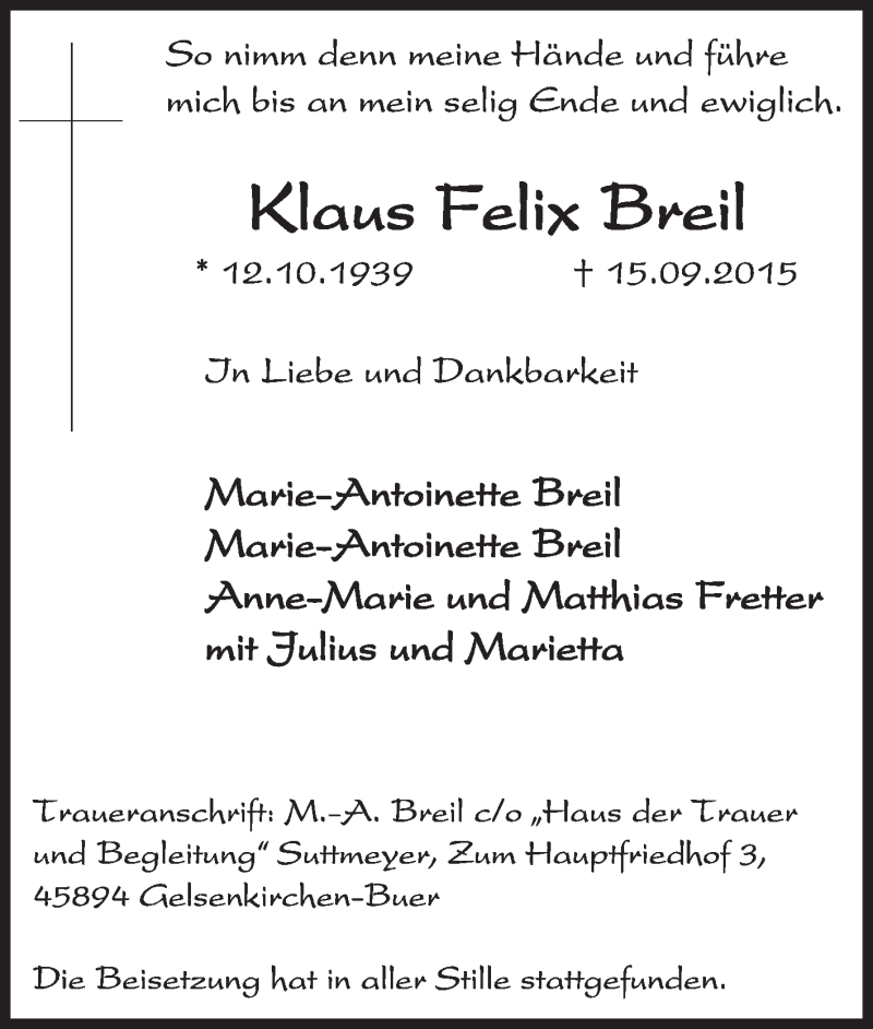 Traueranzeigen von Klaus Felix Breil sich erinnern.de