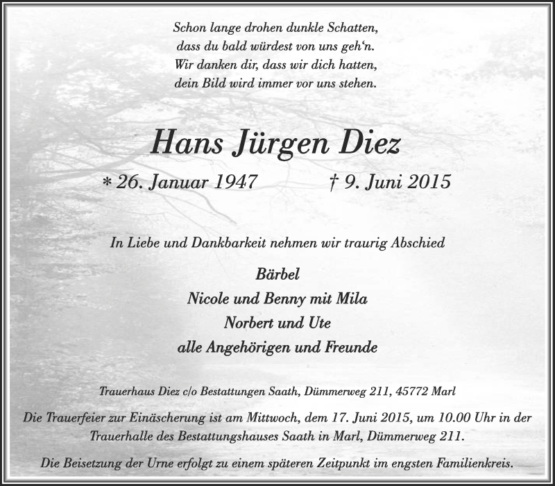  Traueranzeige für Hans Jürgen Diez vom 13.06.2015 aus Medienhaus Bauer
