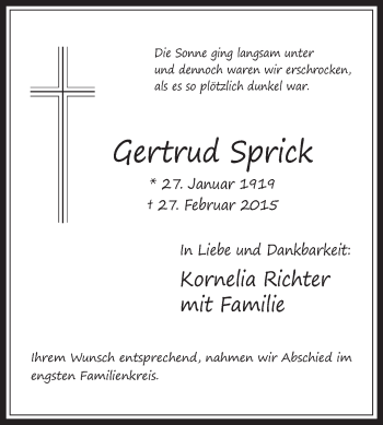 Traueranzeige von Gertrud Sprick von Medienhaus Bauer