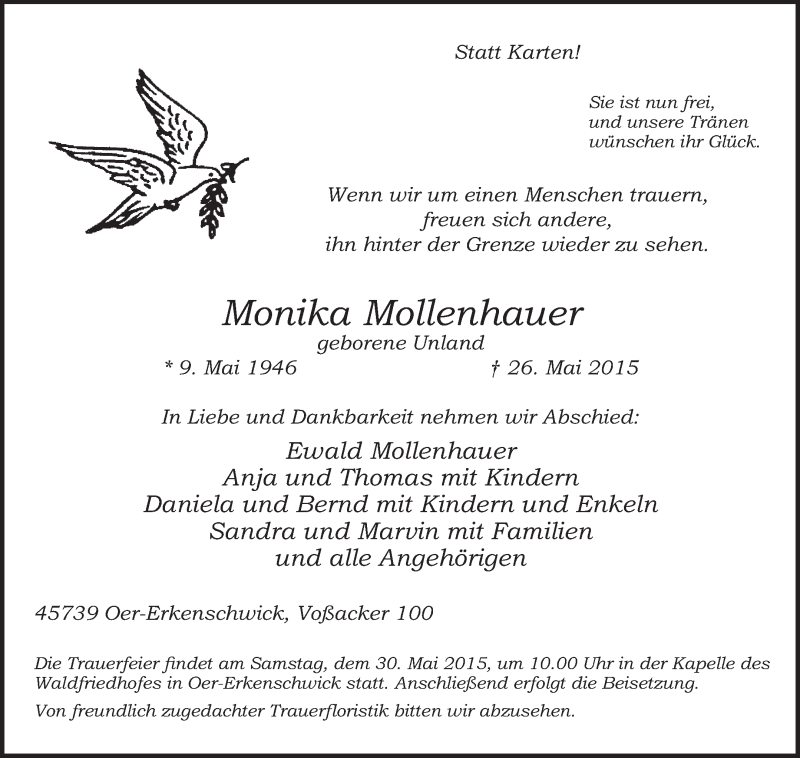 Traueranzeige für Monika Mollenhauer vom 28.05.2015 aus Medienhaus Bauer