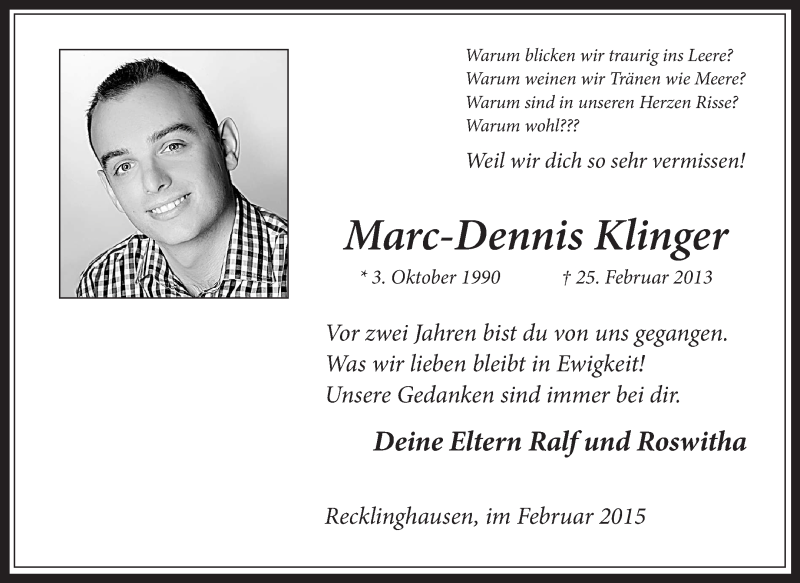  Traueranzeige für Marc-Dennis Klinger vom 25.02.2015 aus Medienhaus Bauer