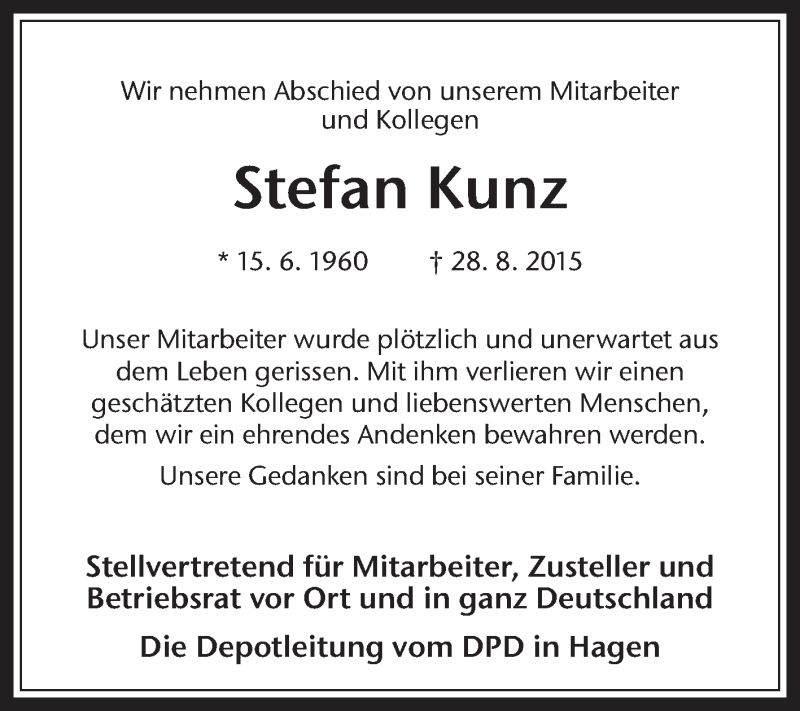  Traueranzeige für Stefan Kunz vom 03.09.2015 aus Medienhaus Bauer