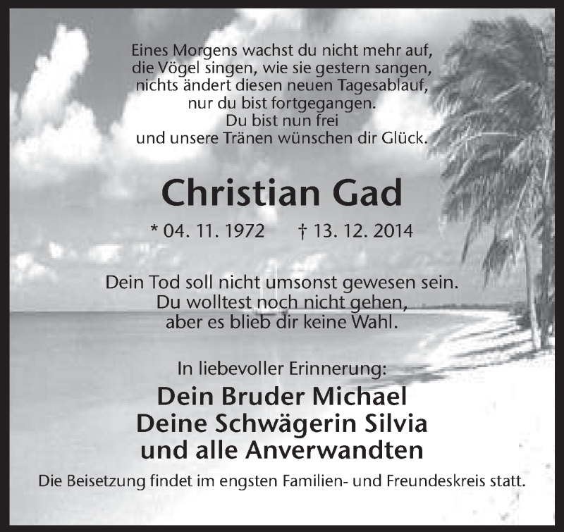  Traueranzeige für Christian Gad vom 20.12.2014 aus Medienhaus Bauer