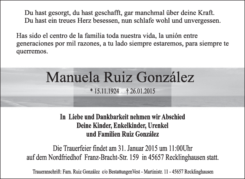  Traueranzeige für Manuela Ruiz González vom 30.01.2015 aus Medienhaus Bauer