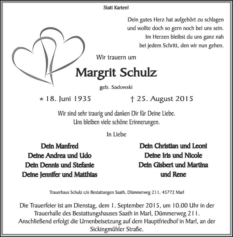  Traueranzeige für Margrit Schulz vom 27.08.2015 aus Medienhaus Bauer