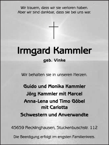 Traueranzeige von Irmgard Kammler von Medienhaus Bauer